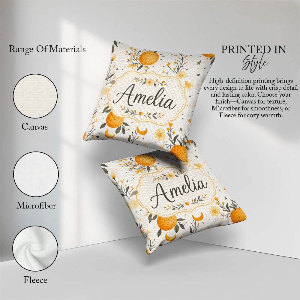 Custom Name Fresh Oranges with Delicate Floral Botanical Pattern Square Filled Cushion Throw Pillow Sofa Bed Home Decor Zip Washable UK Made