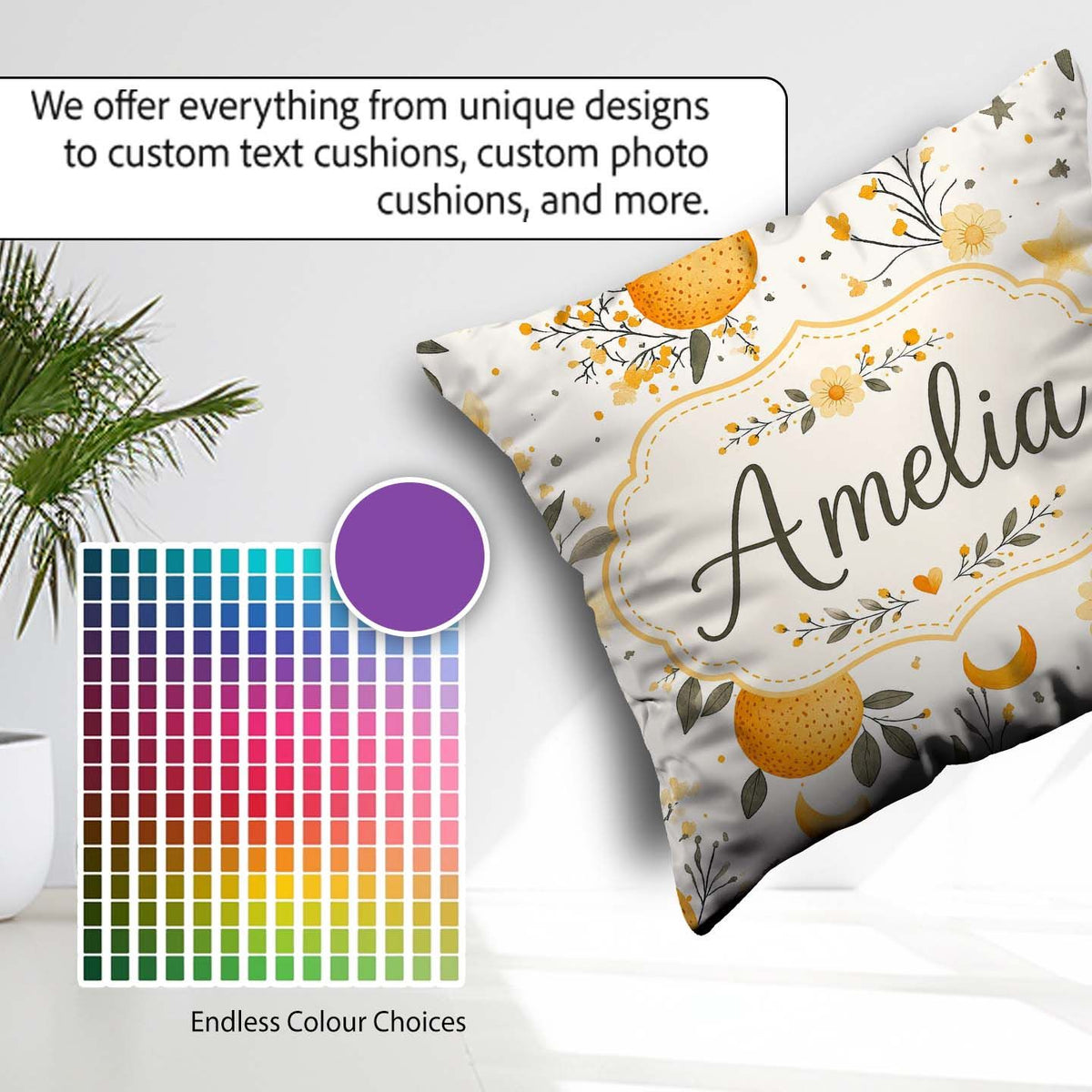 Custom Name Fresh Oranges with Delicate Floral Botanical Pattern Square Filled Cushion Throw Pillow Sofa Bed Home Decor Zip Washable UK Made