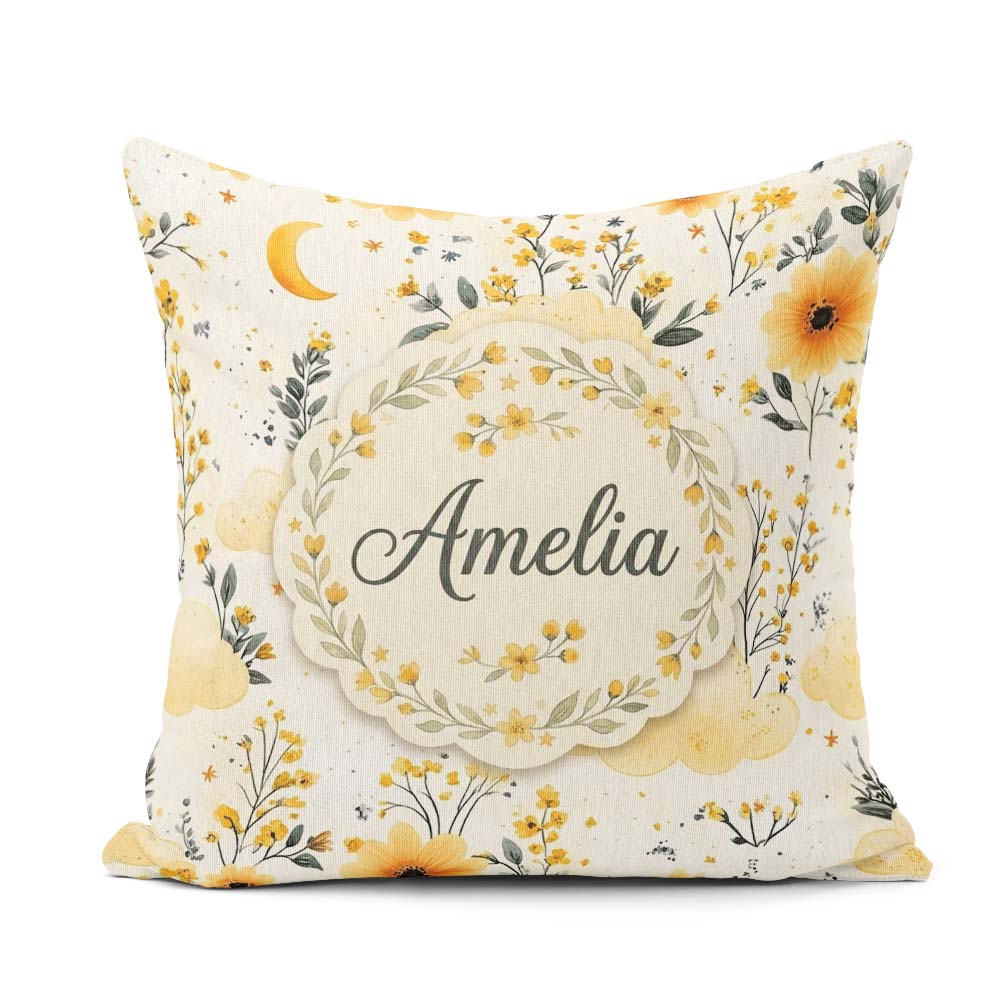 Custom Name Soft Yellow Clouds and Floral Dream Pattern Seamless Square Filled Cushion Throw Pillow Sofa Bed Home Decor Zip Washable UK Made