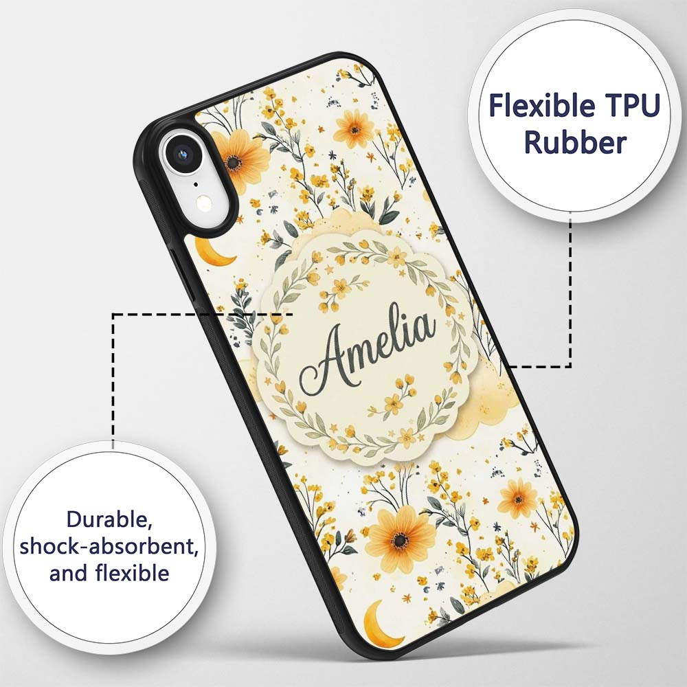 Soft Yellow Clouds Moon and Floral Dream Pattern Custom Name Protective Phone Case Mobile Cover Durable Everyday Smartphone Shock Resistant