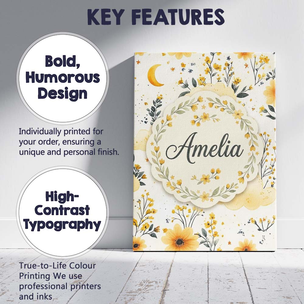 Personalised Name Soft Yellow Clouds Moon Custom Unique Gift Idea Elegant Feature Canvas Wall Art Print Decor Picture Ready to Hang