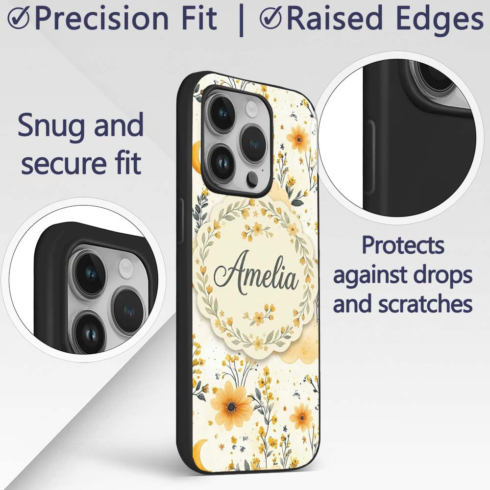 Soft Yellow Clouds Moon and Floral Dream Pattern Custom Name Protective Phone Case Mobile Cover Durable Everyday Smartphone Shock Resistant