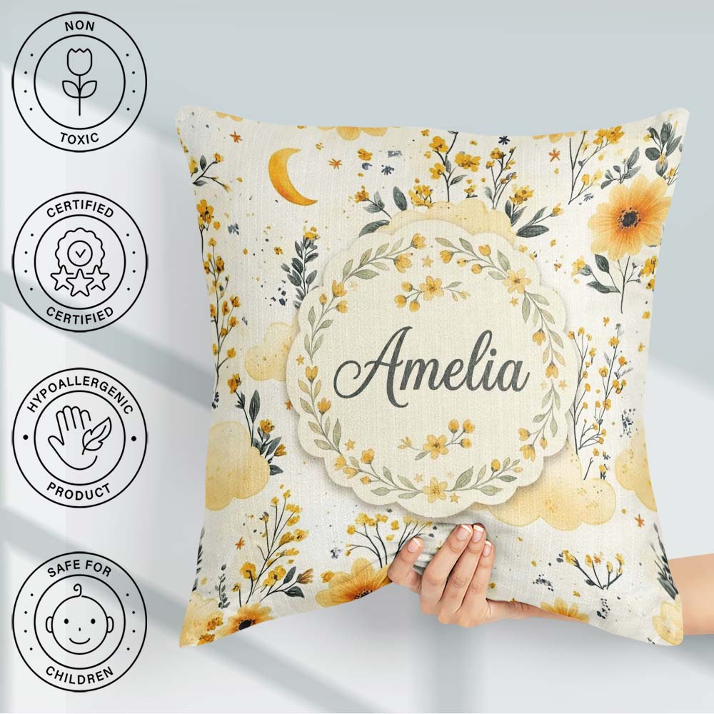 Custom Name Soft Yellow Clouds and Floral Dream Pattern Seamless Square Filled Cushion Throw Pillow Sofa Bed Home Decor Zip Washable UK Made
