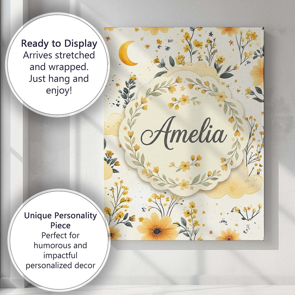 Personalised Name Soft Yellow Clouds Moon Custom Unique Gift Idea Elegant Feature Canvas Wall Art Print Decor Picture Ready to Hang