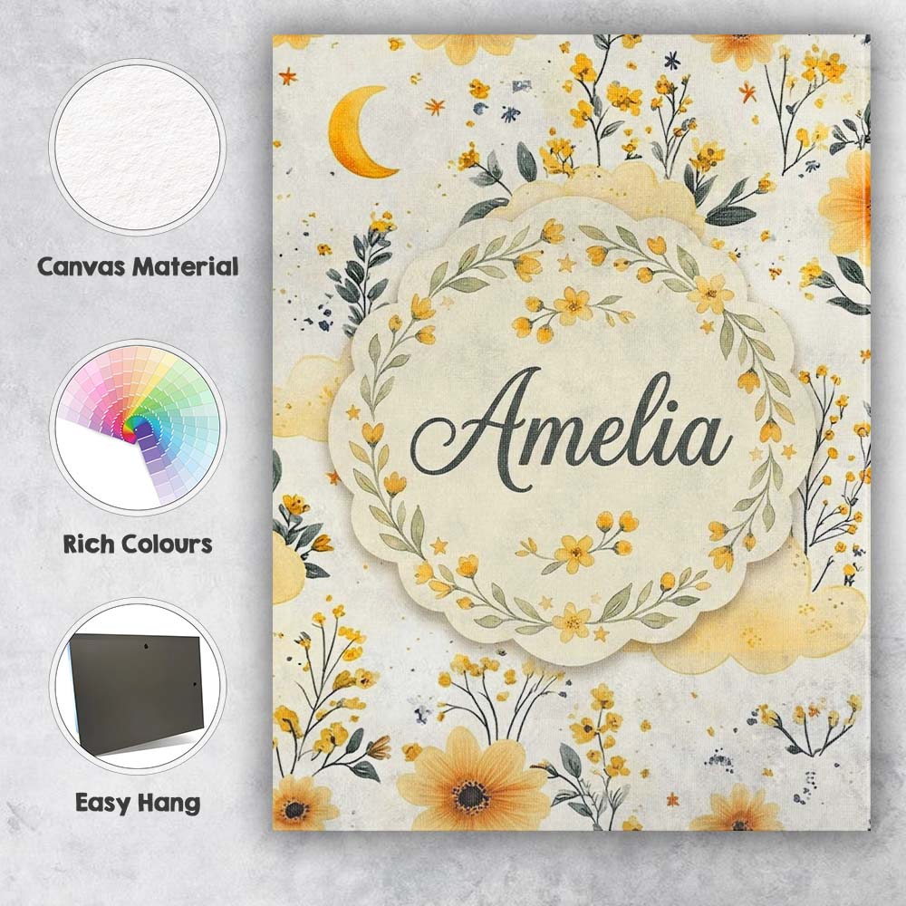 Personalised Name Soft Yellow Clouds Moon Custom Unique Gift Idea Elegant Feature Canvas Wall Art Print Decor Picture Ready to Hang