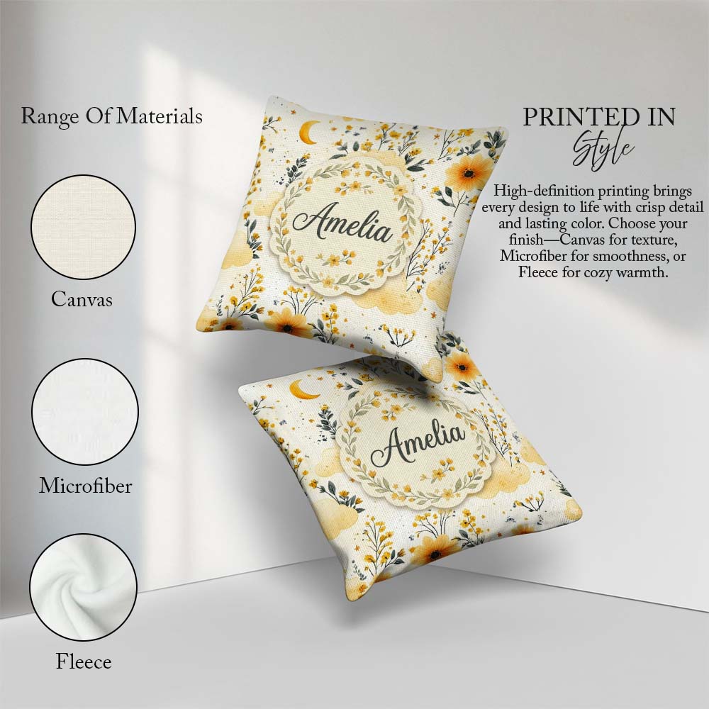 Custom Name Soft Yellow Clouds and Floral Dream Pattern Seamless Square Filled Cushion Throw Pillow Sofa Bed Home Decor Zip Washable UK Made