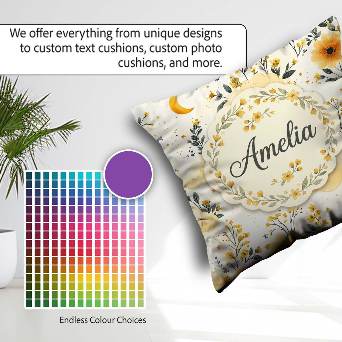 Custom Name Soft Yellow Clouds and Floral Dream Pattern Seamless Square Filled Cushion Throw Pillow Sofa Bed Home Decor Zip Washable UK Made