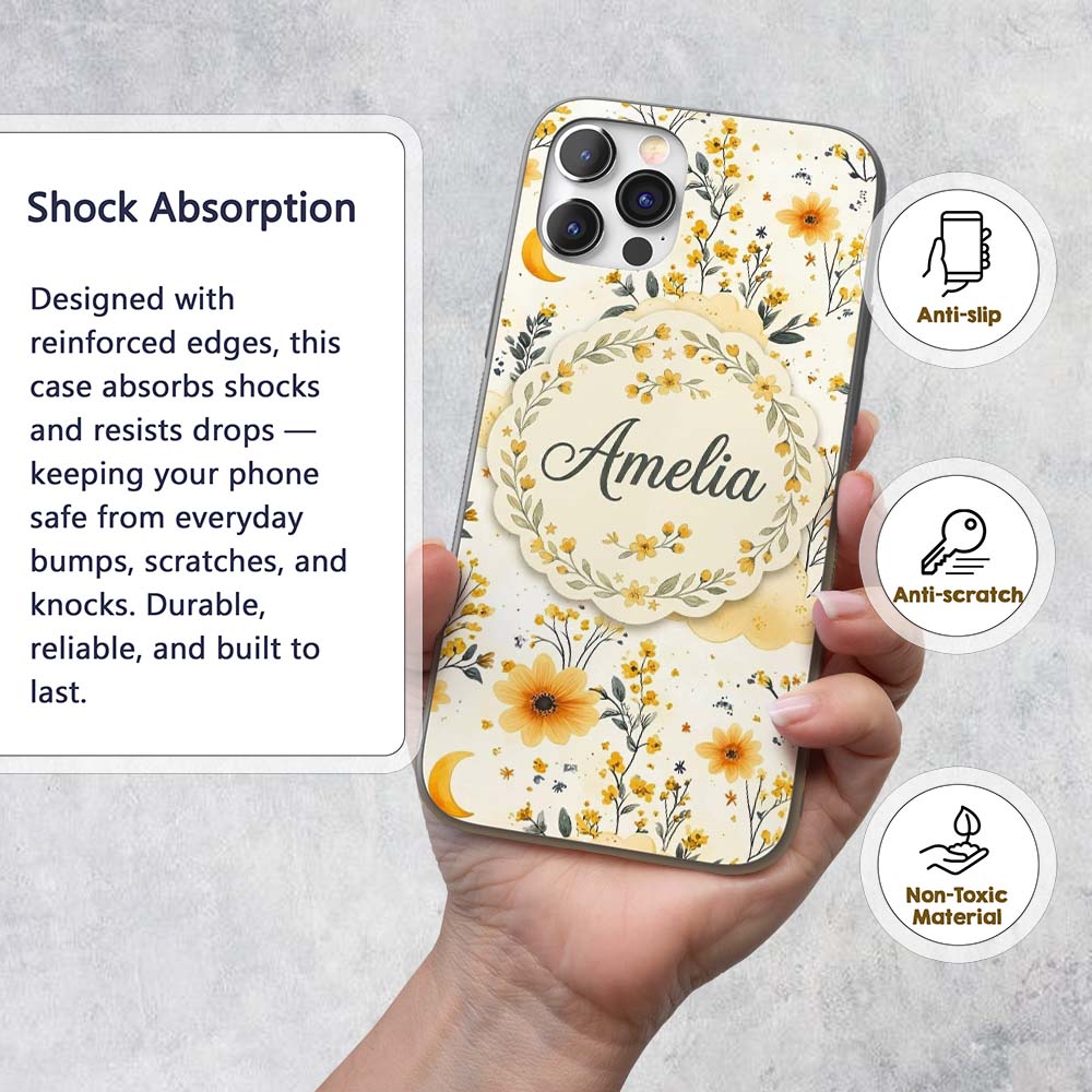 Soft Yellow Clouds Moon and Floral Dream Pattern Custom Name Protective Phone Case Mobile Cover Durable Everyday Smartphone Shock Resistant