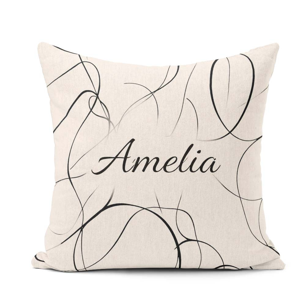 Custom Name Line Art Black Cream Minimal Abstract Pattern Lovely Square Filled Cushion Throw Pillow Sofa Bed Home Decor Zip Washable UK Made