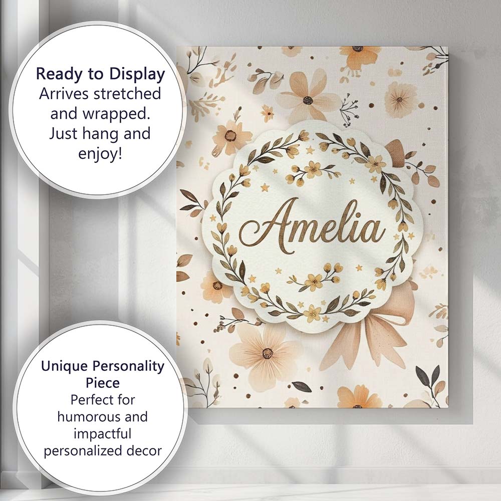 Personalised Name Elegant Neutral Floral Custom Interior Decorative Contemporary Canvas Wall Art Print Decor Picture Ready to Hang
