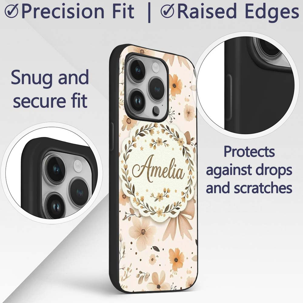 Elegant Neutral Floral Bows with Soft Botanical Custom Name Protective Phone Case Mobile Cover Durable Everyday Smartphone Shock Resistant