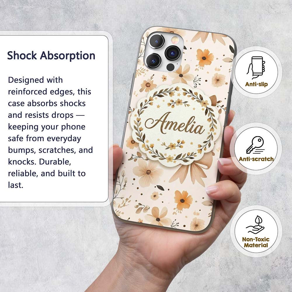 Elegant Neutral Floral Bows with Soft Botanical Custom Name Protective Phone Case Mobile Cover Durable Everyday Smartphone Shock Resistant
