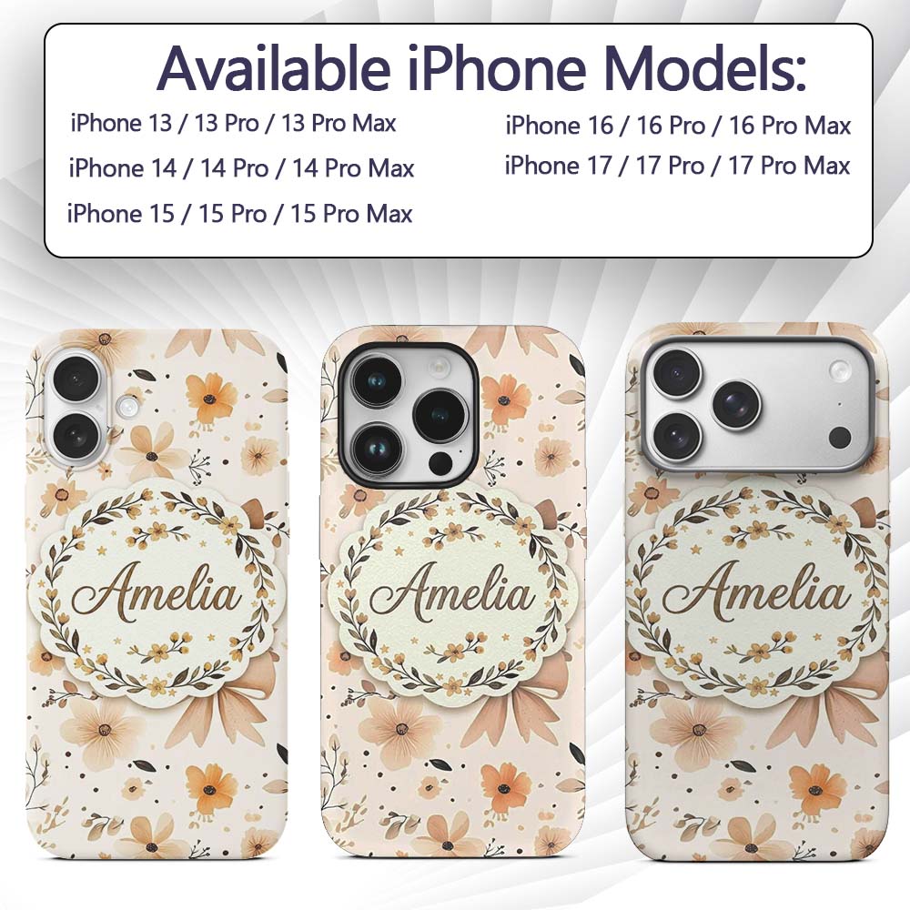 Elegant Neutral Floral Bows with Soft Botanical Custom Name Protective Phone Case Mobile Cover Durable Everyday Smartphone Shock Resistant