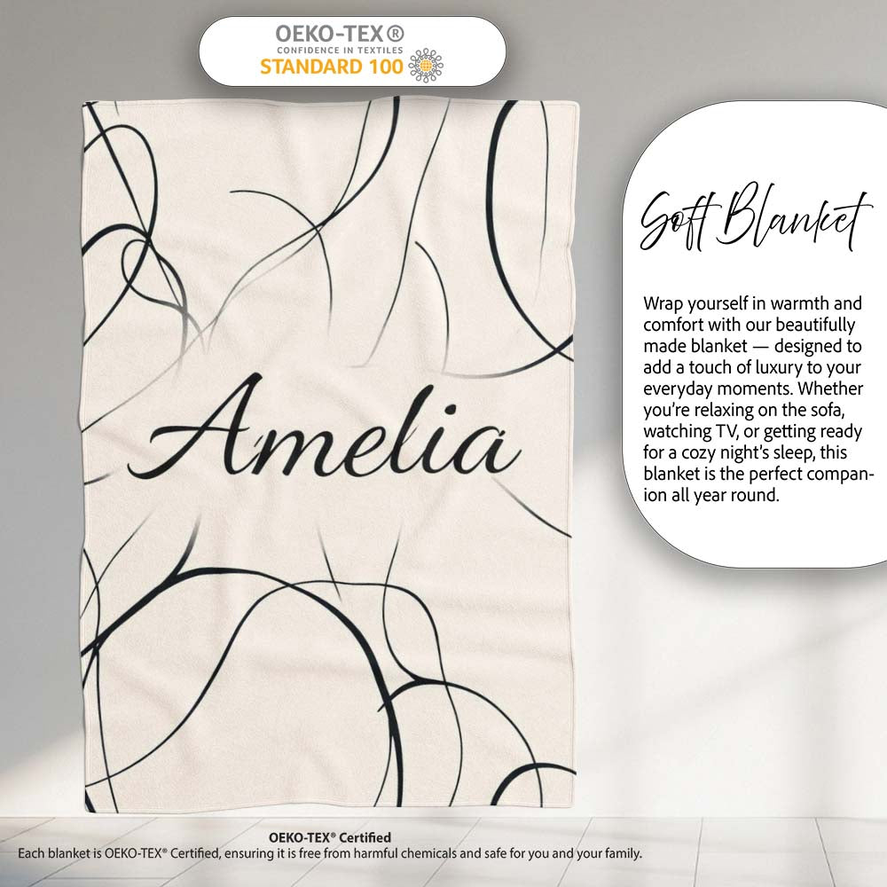 Continuous Line Art Black Cream Minimal Abstract Pattern Lovely Personalised Custom Name Super Soft Fleece Blanket Bed Sofa Throw