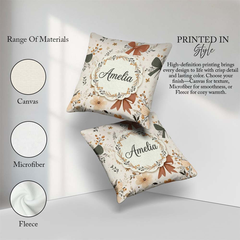 Custom Name Neutral Beige Bows with Soft Floral Botanical Design Square Filled Cushion Throw Pillow Sofa Bed Home Decor Zip Washable UK Made