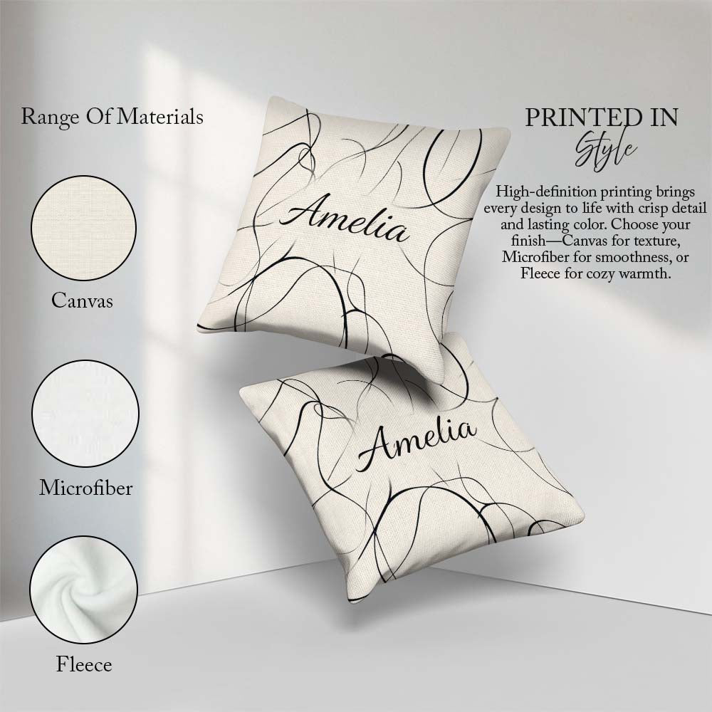 Custom Name Line Art Black Cream Minimal Abstract Pattern Lovely Square Filled Cushion Throw Pillow Sofa Bed Home Decor Zip Washable UK Made
