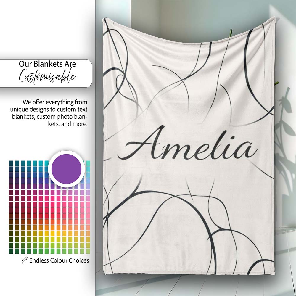 Continuous Line Art Black Cream Minimal Abstract Pattern Lovely Personalised Custom Name Super Soft Fleece Blanket Bed Sofa Throw
