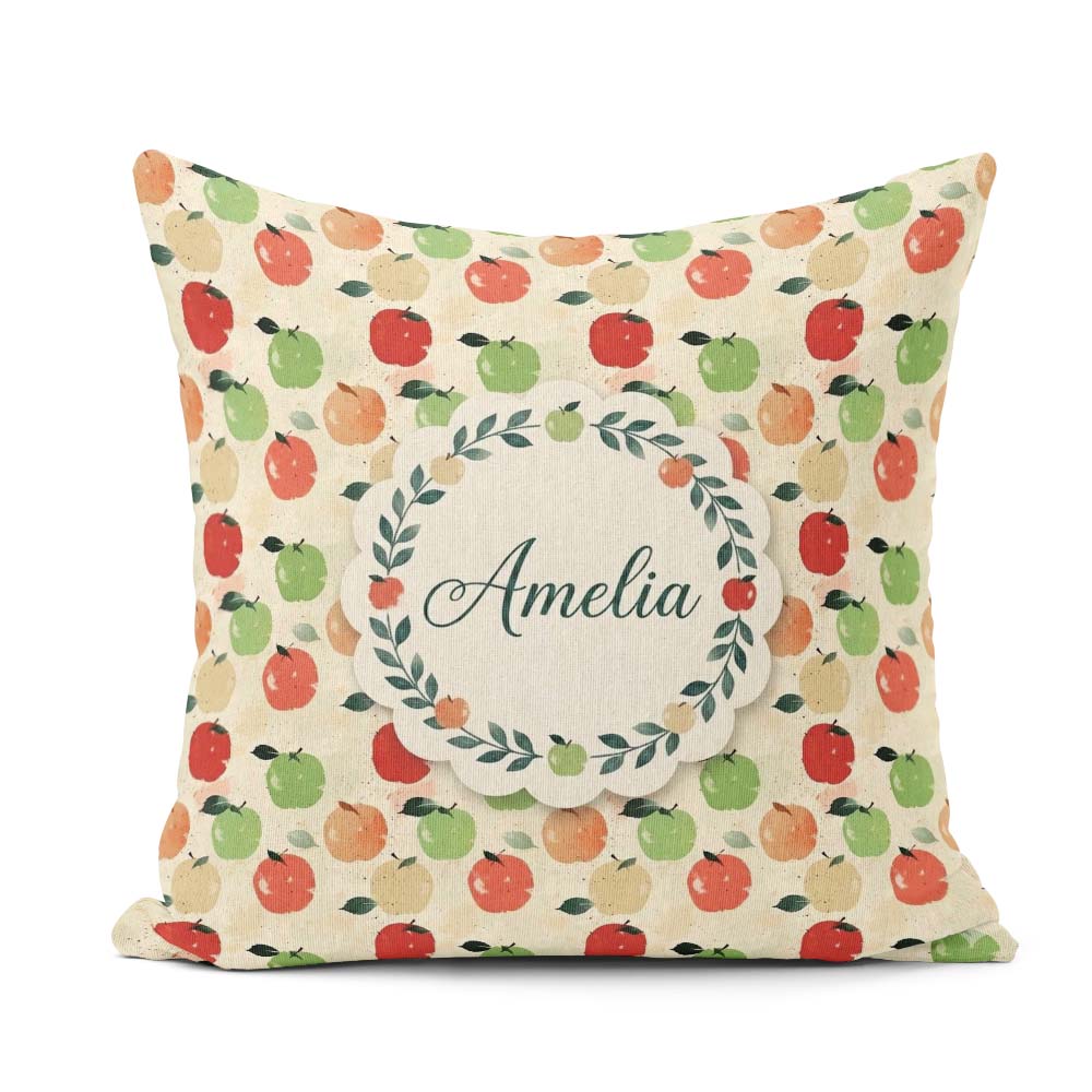Custom Name Colorful Apples Fruit Pattern Leaves Seamless Design Square Filled Cushion Throw Pillow Sofa Bed Home Decor Zip Washable UK Made