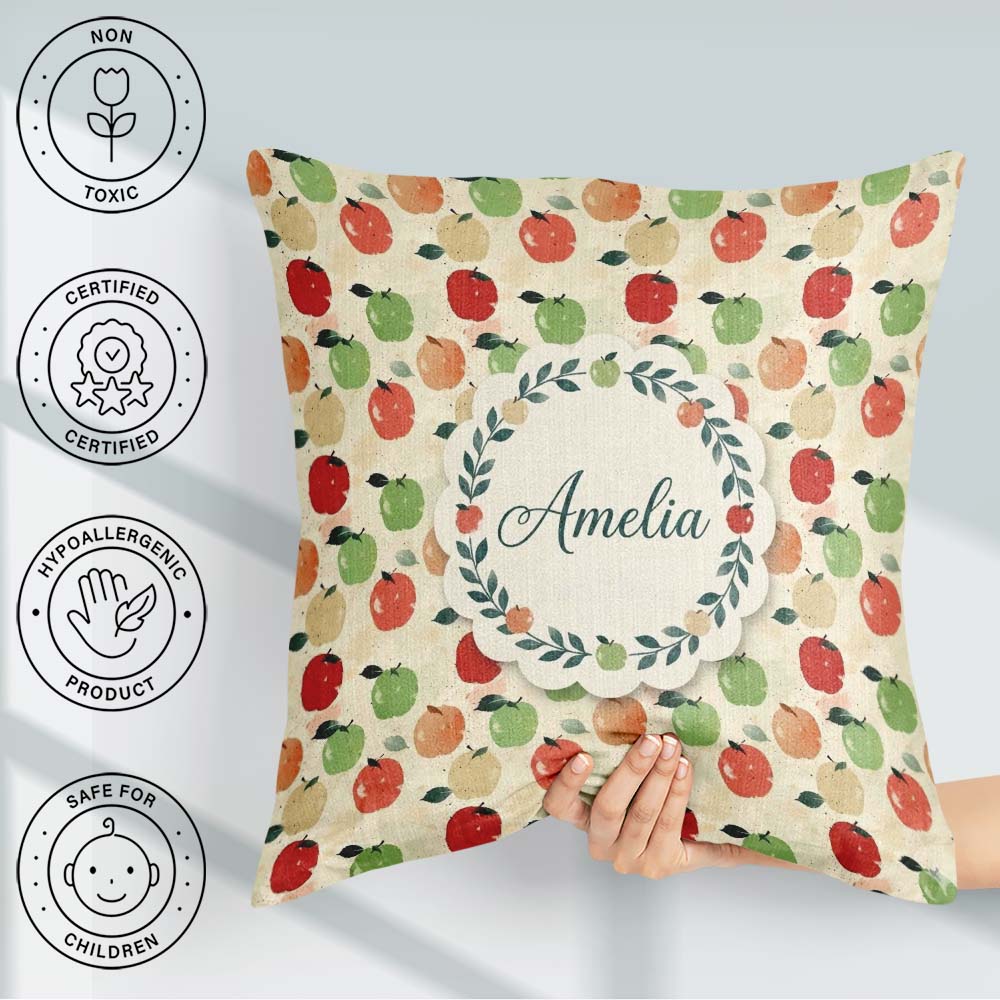 Custom Name Colorful Apples Fruit Pattern Leaves Seamless Design Square Filled Cushion Throw Pillow Sofa Bed Home Decor Zip Washable UK Made