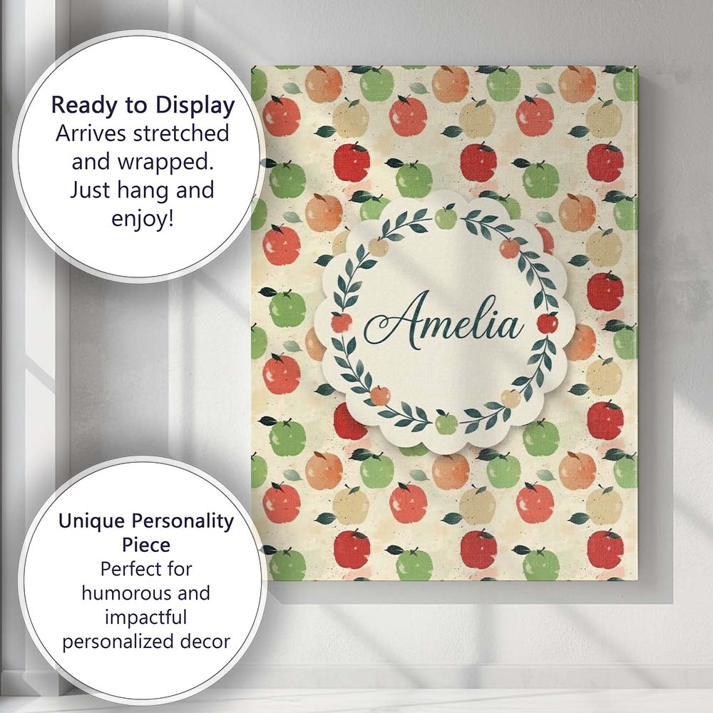 Personalised Name Colorful Apples Fruit Custom Modern Room Accent Elegant Feature Canvas Wall Art Print Decor Picture Ready to Hang