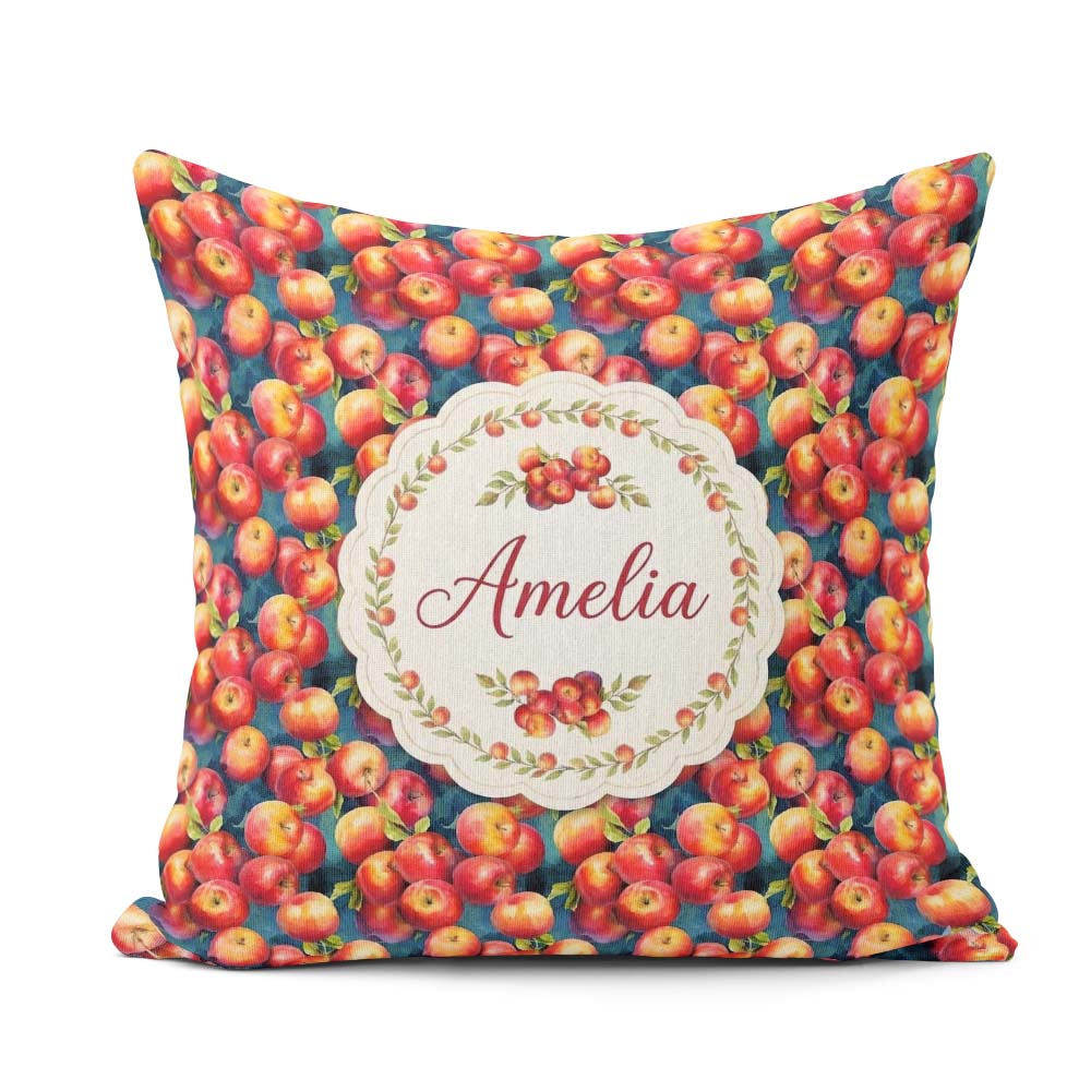 Custom Name Watercolor Apples with Deep Blue Background Seamless Square Filled Cushion Throw Pillow Sofa Bed Home Decor Zip Washable UK Made