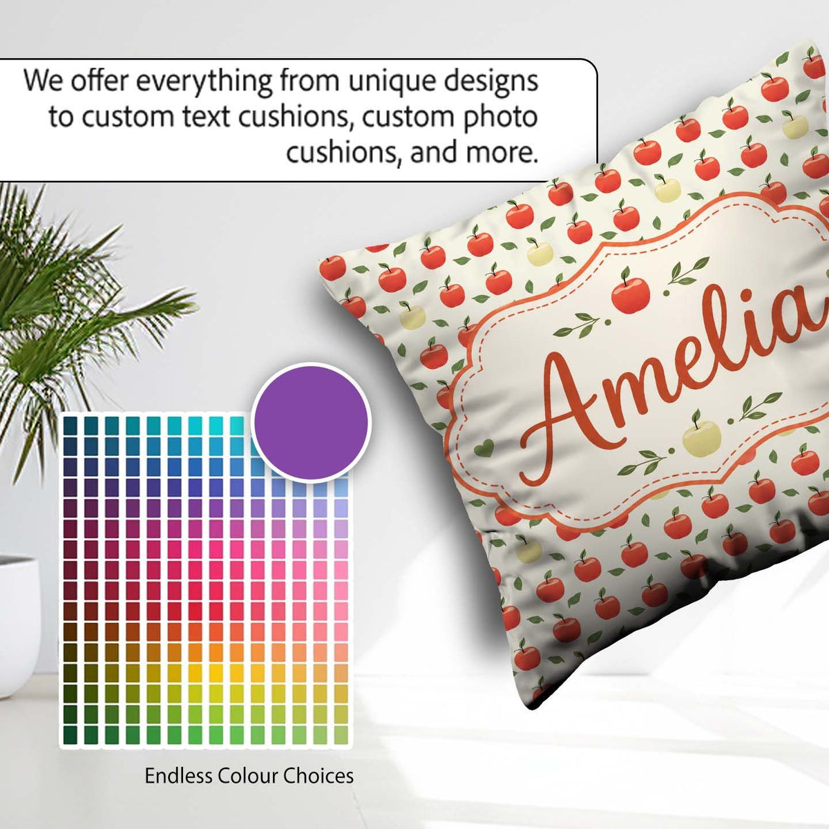 Custom Name Minimal Red and Yellow Apples with Seamless Pattern Square Filled Cushion Throw Pillow Sofa Bed Home Decor Zip Washable UK Made