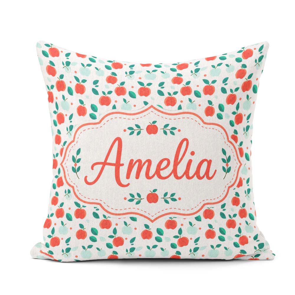 Custom Name Modern Red Teal Apples with Leaves Seamless Pattern Square Filled Cushion Throw Pillow Sofa Bed Home Decor Zip Washable UK Made