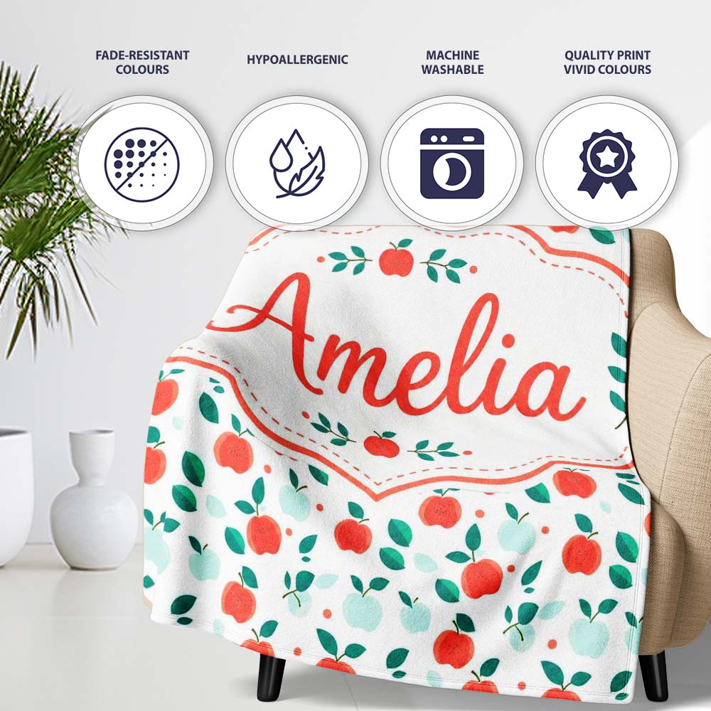 Modern Red and Teal Apples with Leaves Seamless Pattern Lovely Personalised Custom Name Super Soft Fleece Blanket Bed Sofa Throw
