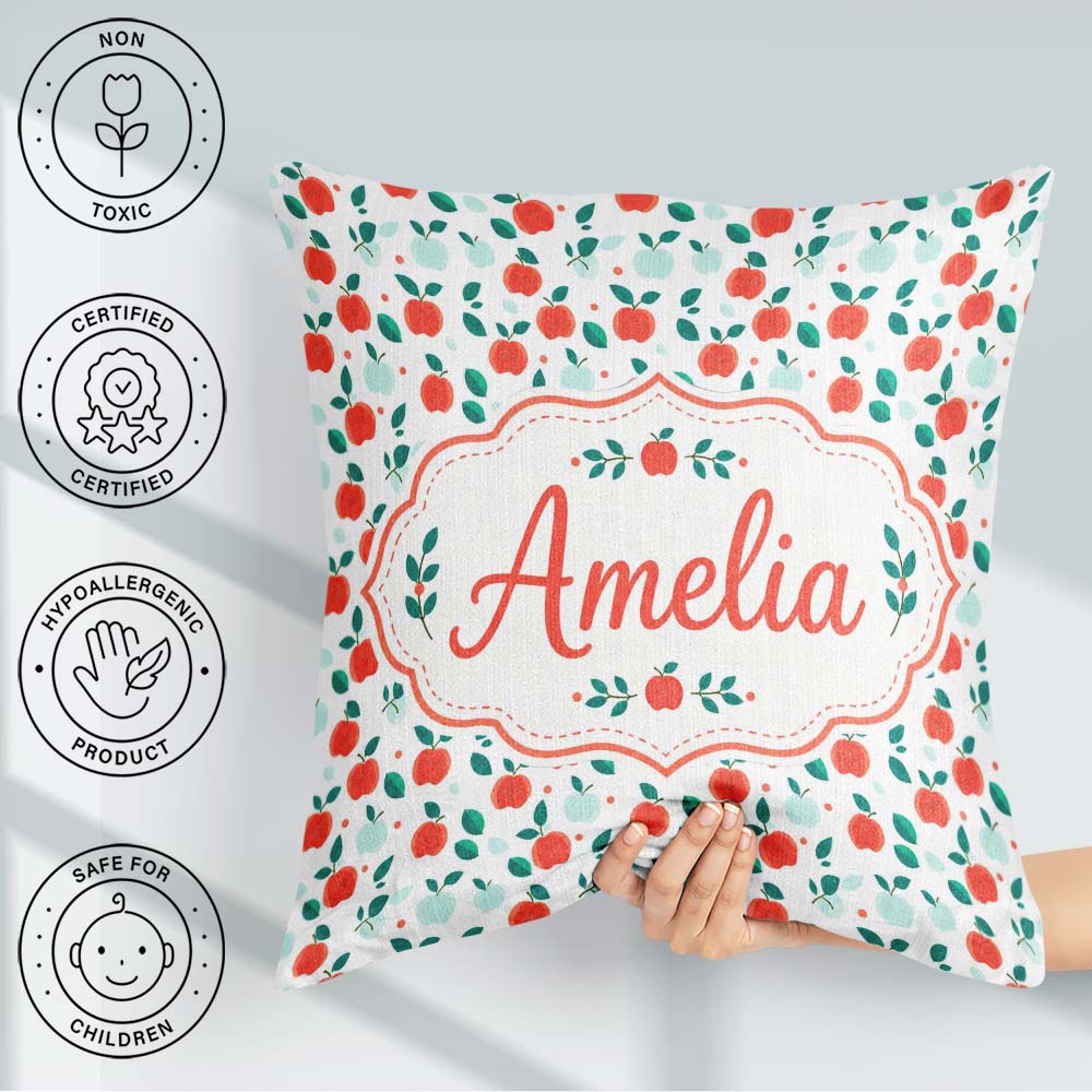 Custom Name Modern Red Teal Apples with Leaves Seamless Pattern Square Filled Cushion Throw Pillow Sofa Bed Home Decor Zip Washable UK Made