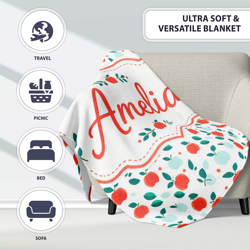 Modern Red and Teal Apples with Leaves Seamless Pattern Lovely Personalised Custom Name Super Soft Fleece Blanket Bed Sofa Throw