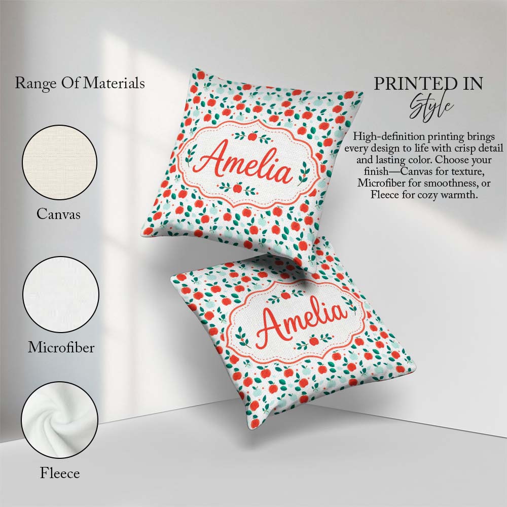 Custom Name Modern Red Teal Apples with Leaves Seamless Pattern Square Filled Cushion Throw Pillow Sofa Bed Home Decor Zip Washable UK Made