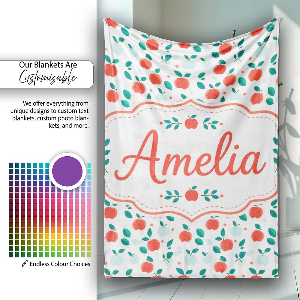 Modern Red and Teal Apples with Leaves Seamless Pattern Lovely Personalised Custom Name Super Soft Fleece Blanket Bed Sofa Throw