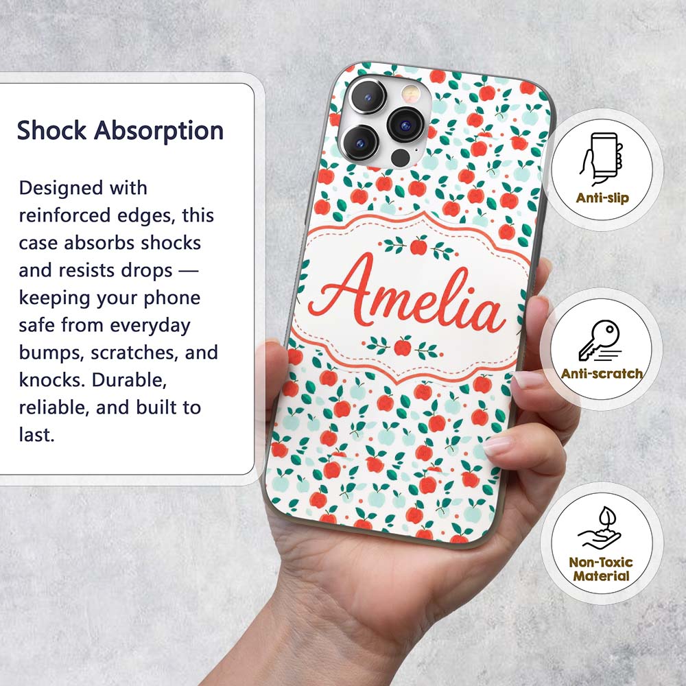 Modern Red and Teal Apples with Leaves Seamless Custom Name Protective Phone Case Mobile Cover Durable Everyday Smartphone Shock Resistant