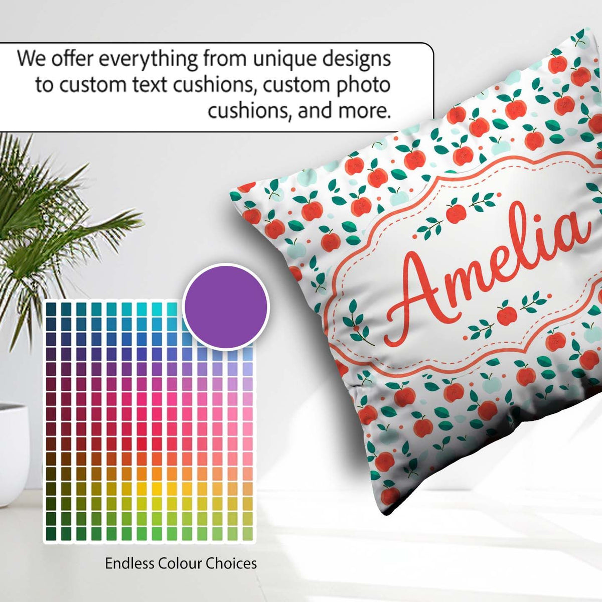 Custom Name Modern Red Teal Apples with Leaves Seamless Pattern Square Filled Cushion Throw Pillow Sofa Bed Home Decor Zip Washable UK Made