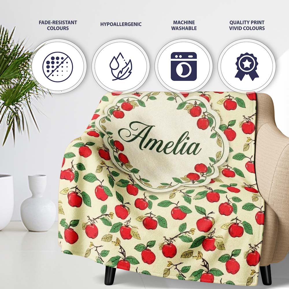 Vintage Red Apples on Branches with Leaves Seamless Pattern Lovely Personalised Custom Name Super Soft Fleece Blanket Bed Sofa Throw