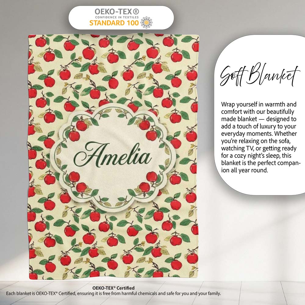 Vintage Red Apples on Branches with Leaves Seamless Pattern Lovely Personalised Custom Name Super Soft Fleece Blanket Bed Sofa Throw