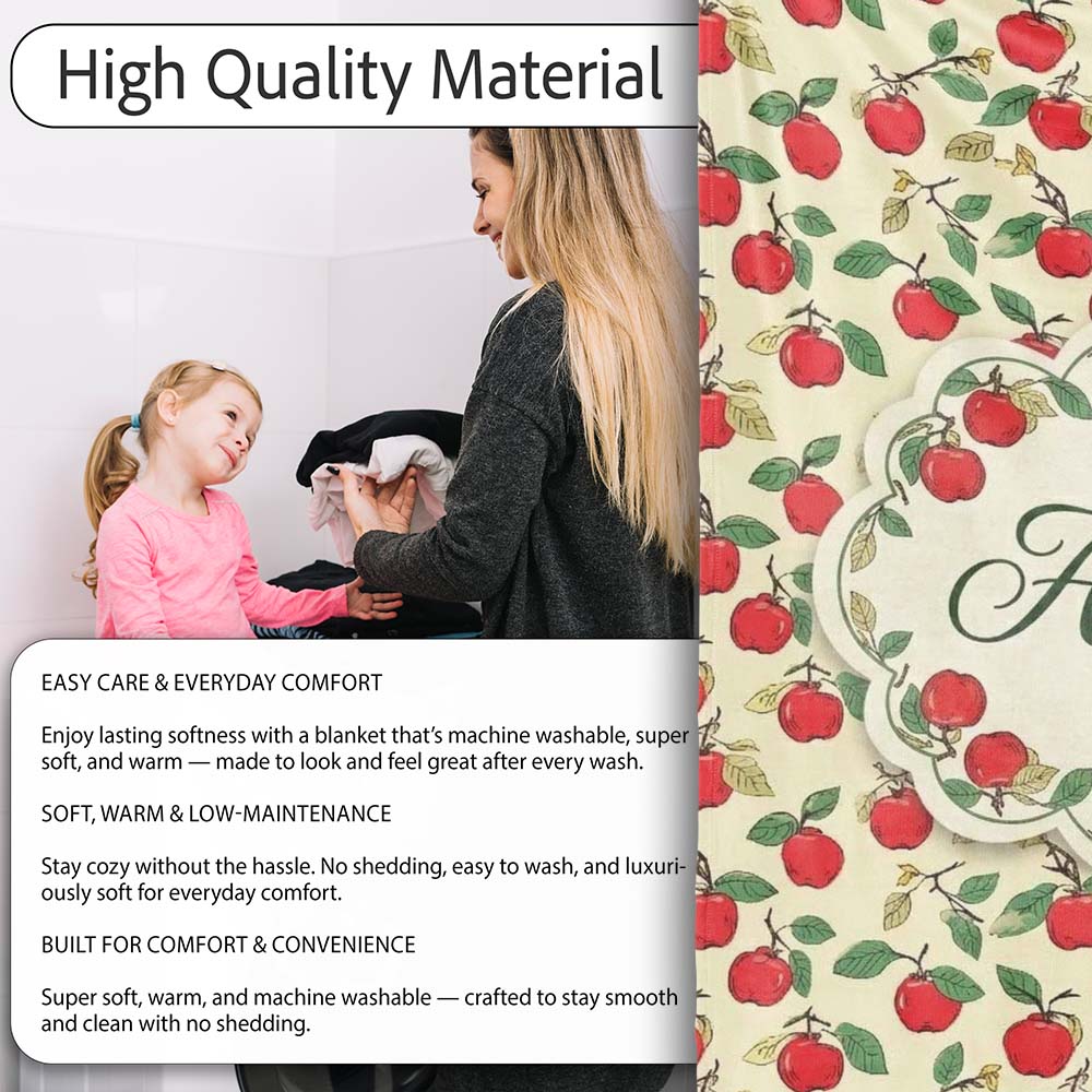 Vintage Red Apples on Branches with Leaves Seamless Pattern Lovely Personalised Custom Name Super Soft Fleece Blanket Bed Sofa Throw