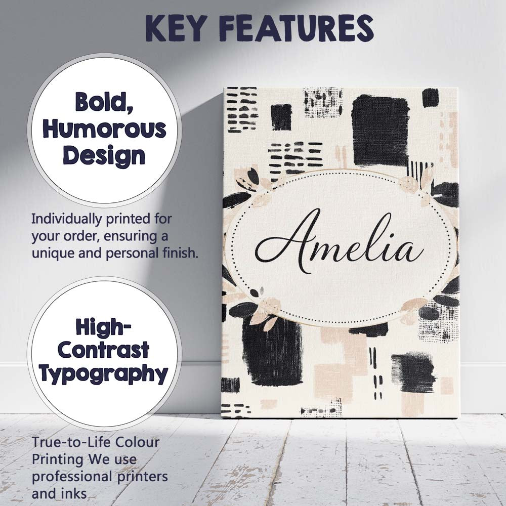 Personalised Name Textured Brush Blocks Black Beige Artistic Abstract Custom Home Unique Canvas Wall Art Print Decor Picture Ready to Hang