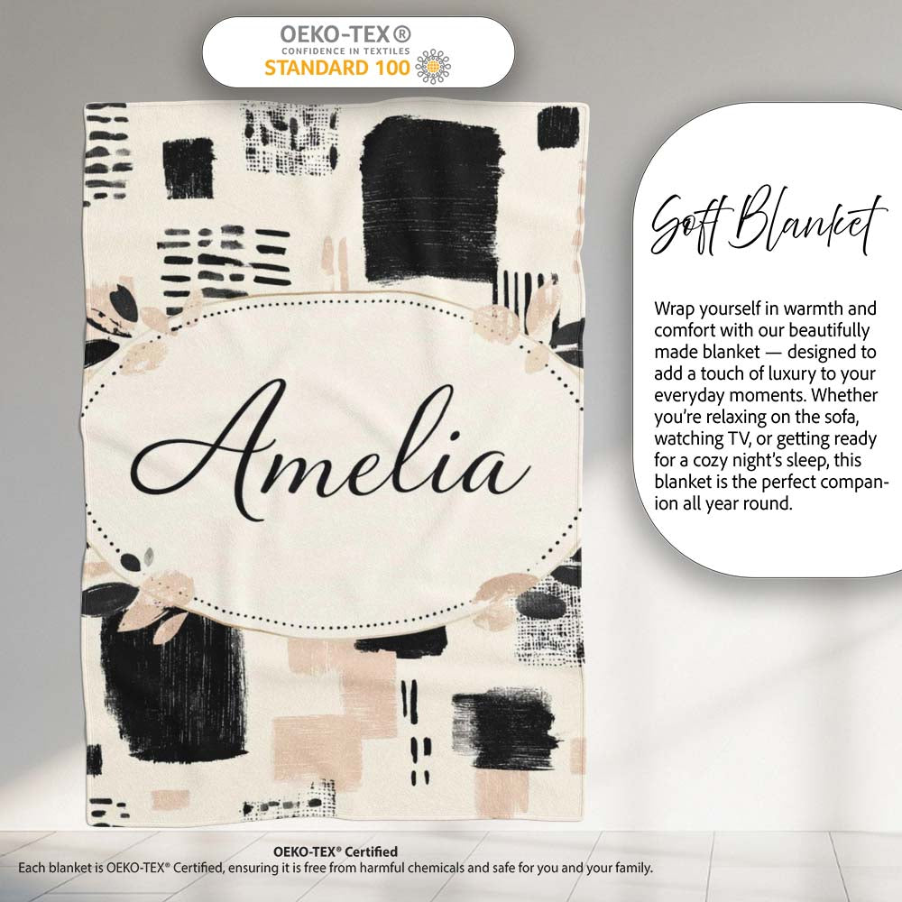 Textured Brush Blocks Black Beige Artistic Abstract Pattern Lovely Personalised Custom Name Super Soft Fleece Blanket Bed Sofa Throw