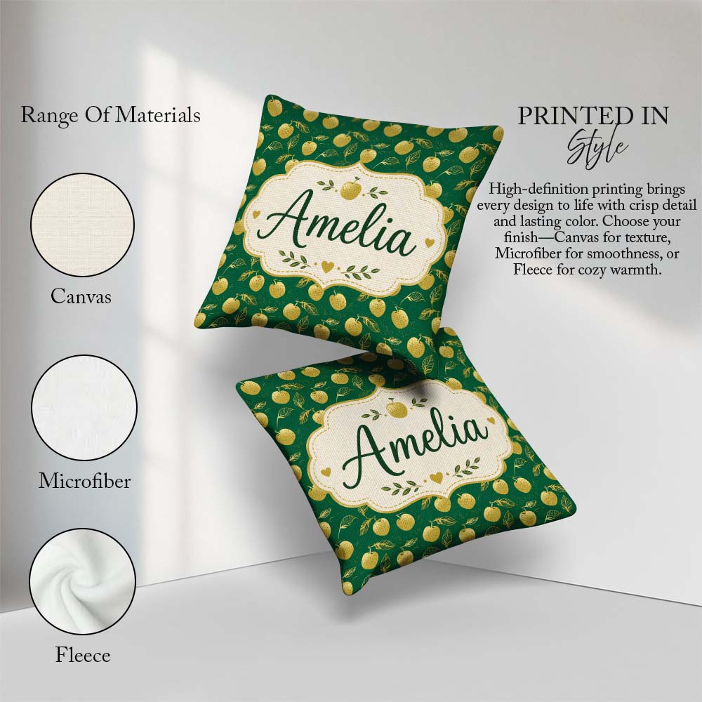 Custom Name Elegant Golden Apples and Leaves Dark Green Seamless Square Filled Cushion Throw Pillow Sofa Bed Home Decor Zip Washable UK Made