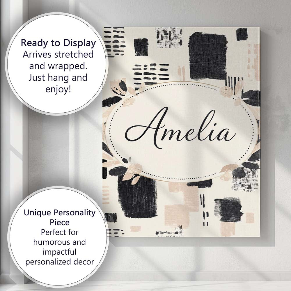 Personalised Name Textured Brush Blocks Black Beige Artistic Abstract Custom Home Unique Canvas Wall Art Print Decor Picture Ready to Hang