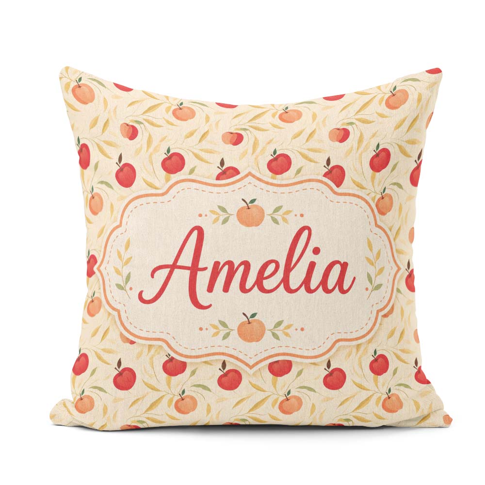 Custom Name Stylized Apples with Flowing Leaves Cream Background Square Filled Cushion Throw Pillow Sofa Bed Home Decor Zip Washable UK Made