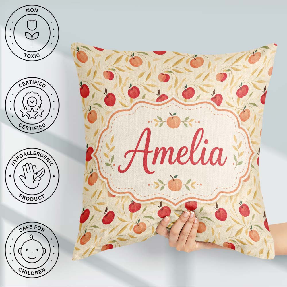 Custom Name Stylized Apples with Flowing Leaves Cream Background Square Filled Cushion Throw Pillow Sofa Bed Home Decor Zip Washable UK Made