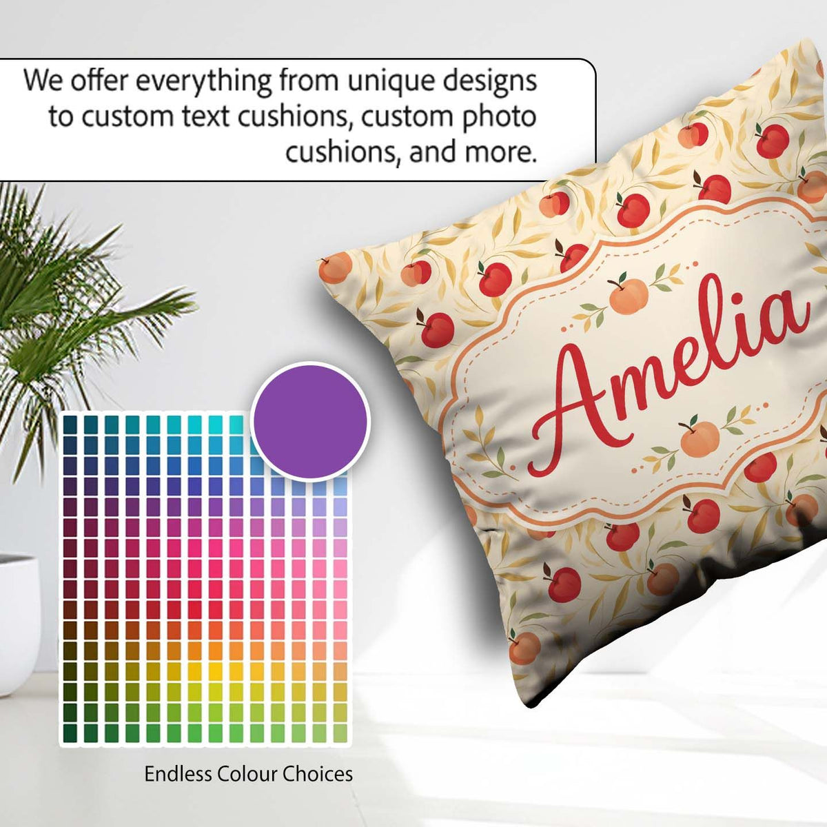 Custom Name Stylized Apples with Flowing Leaves Cream Background Square Filled Cushion Throw Pillow Sofa Bed Home Decor Zip Washable UK Made