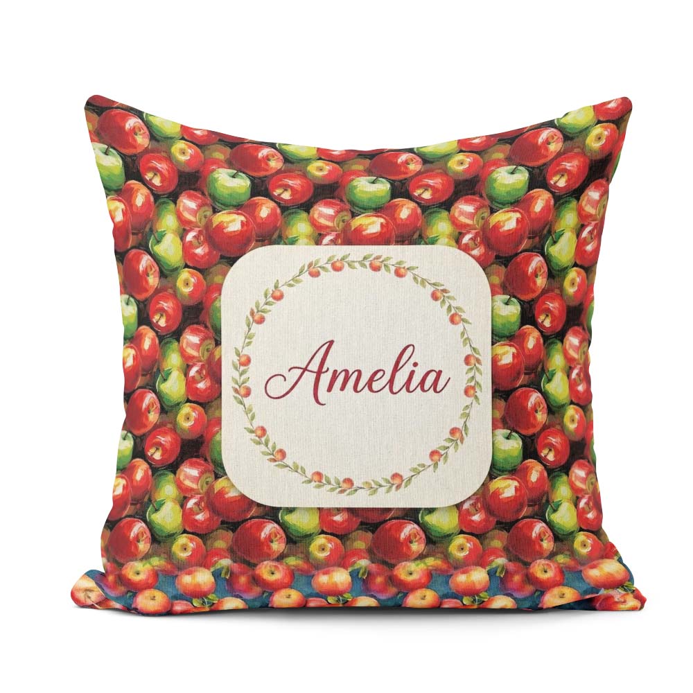 Custom Name Red and Green Apples Cluster Seamless Pattern Lovely Square Filled Cushion Throw Pillow Sofa Bed Home Decor Zip Washable UK Made