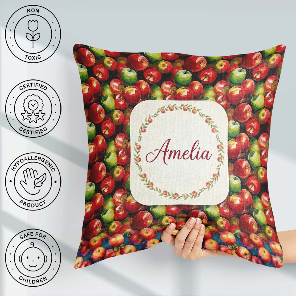 Custom Name Red and Green Apples Cluster Seamless Pattern Lovely Square Filled Cushion Throw Pillow Sofa Bed Home Decor Zip Washable UK Made