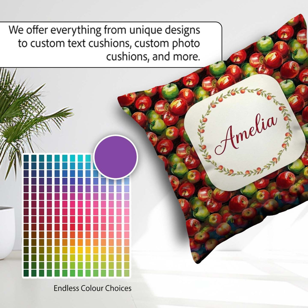 Custom Name Red and Green Apples Cluster Seamless Pattern Lovely Square Filled Cushion Throw Pillow Sofa Bed Home Decor Zip Washable UK Made