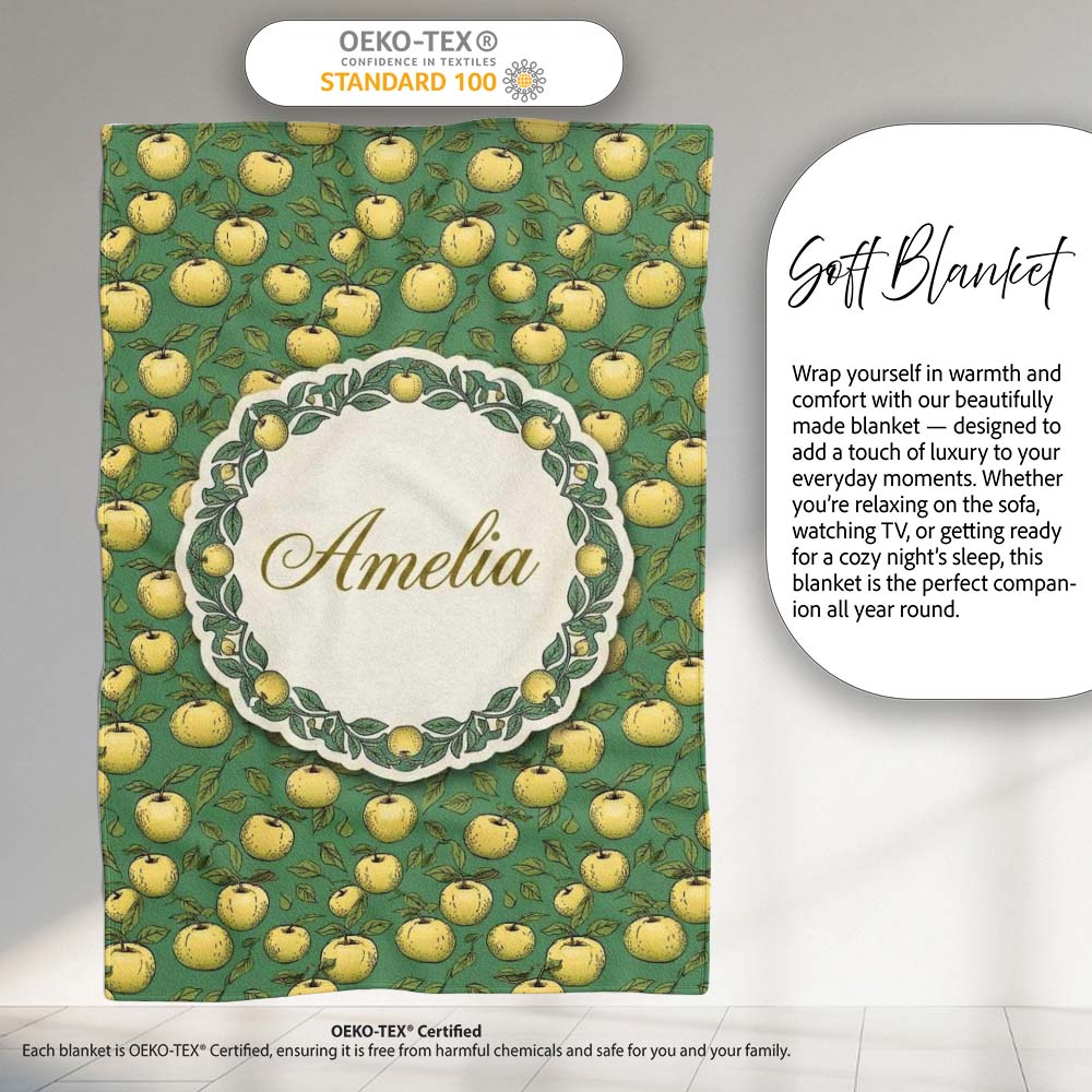 Vintage Yellow Apples with Leaves on Green Background Seamless Personalised Custom Name Super Soft Fleece Blanket Bed Sofa Throw