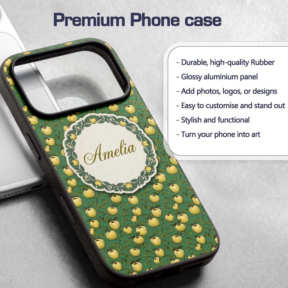 Vintage Yellow Apples with Leaves Printed Design Custom Name Protective Phone Case Mobile Cover Durable Everyday Smartphone Shock Resistant