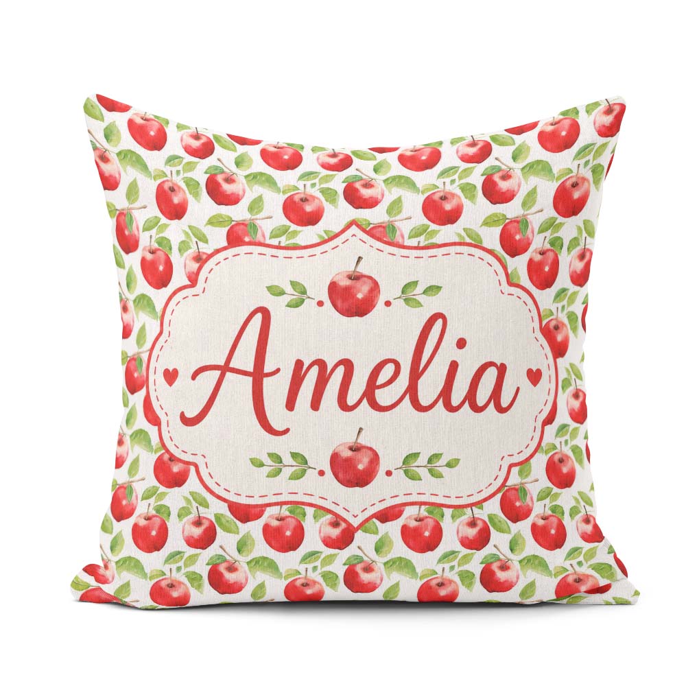 Custom Name Red Apples with Green Leaves Seamless Pattern Lovely Square Filled Cushion Throw Pillow Sofa Bed Home Decor Zip Washable UK Made